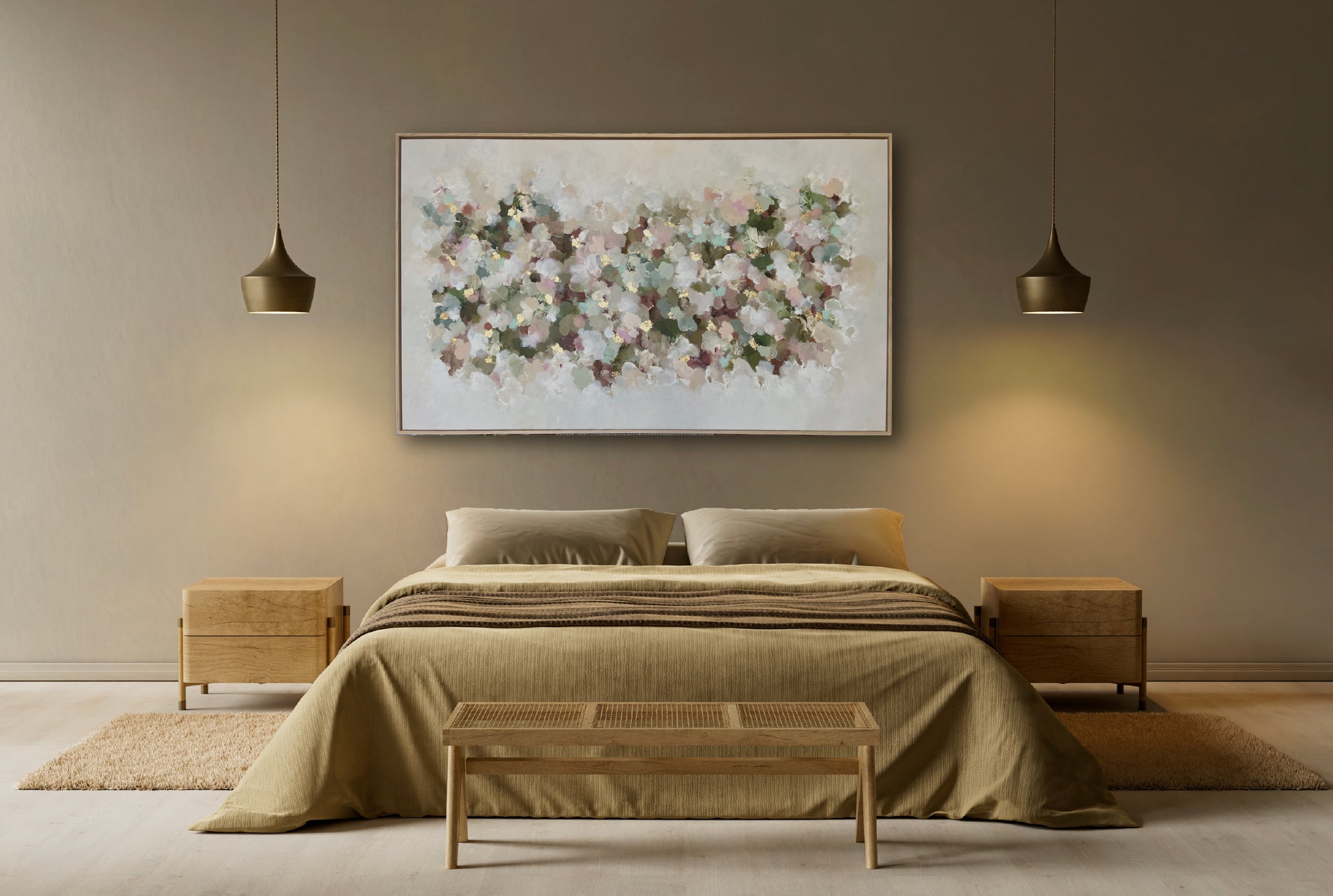 Nebula Moillis AurumAn abstract floral painting featuring textured, painterly blossoms in soft shades of white, pink, green, and muted purple, accented with gold leaf details, framed in a light wood border.