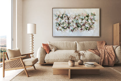 Nebula Moillis AurumAn abstract floral painting featuring textured, painterly blossoms in soft shades of white, pink, green, and muted purple, accented with gold leaf details, framed in a light wood border.