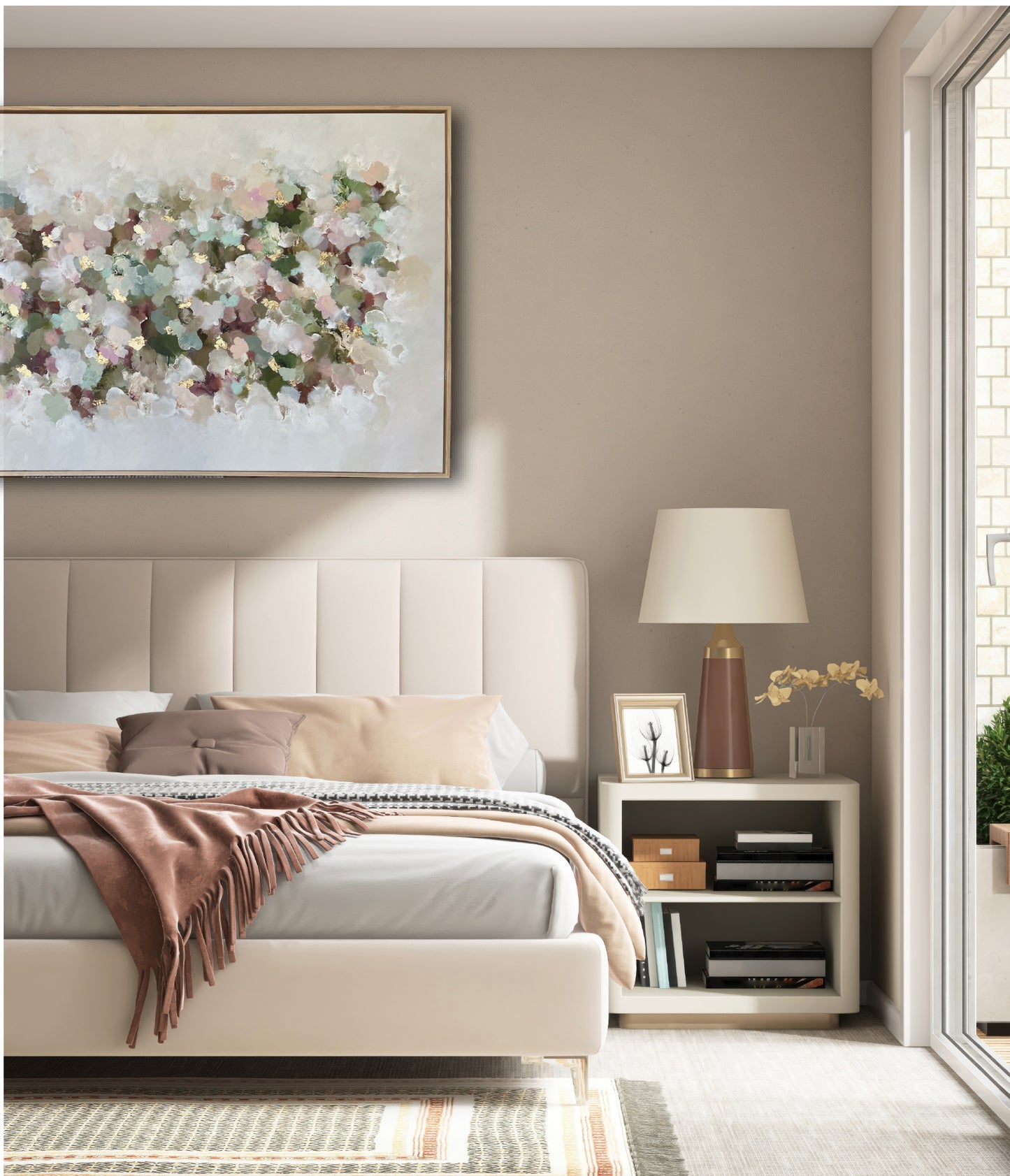 Nebula Moillis AurumAn abstract floral painting featuring textured, painterly blossoms in soft shades of white, pink, green, and muted purple, accented with gold leaf details, framed in a light wood border.