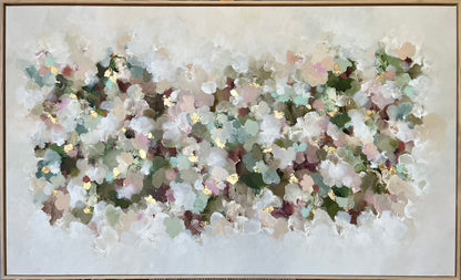 Nebula Moillis AurumAn abstract floral painting featuring textured, painterly blossoms in soft shades of white, pink, green, and muted purple, accented with gold leaf details, framed in a light wood border.