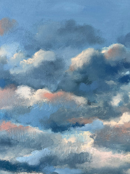 Sunset over the Road, An impressionistic painting of a dramatic cloudy sky, featuring textured brushstrokes in shades of blue, gray, white, and soft peach-pink.